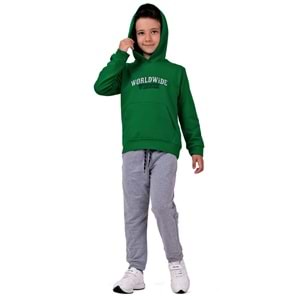 Erkek Çocuk Nakışlı Kanguru Cepli Kapuşonlu Sweatshirt Eşofman Takımı