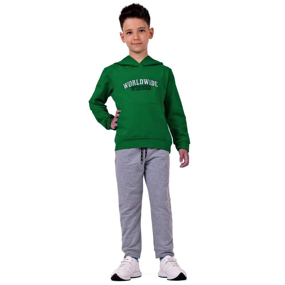 Erkek Çocuk Nakışlı Kanguru Cepli Kapuşonlu Sweatshirt Eşofman Takımı