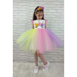 Renkli Tütü Etekli Kız Çocuk Taçlı Elbise